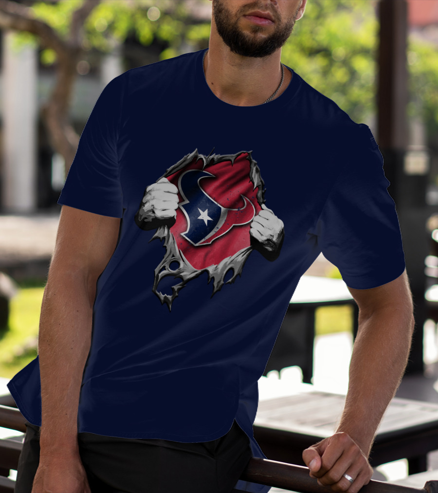 Torn Houston Texans Logo Hidden Beneath Rip Effect T-Shirt