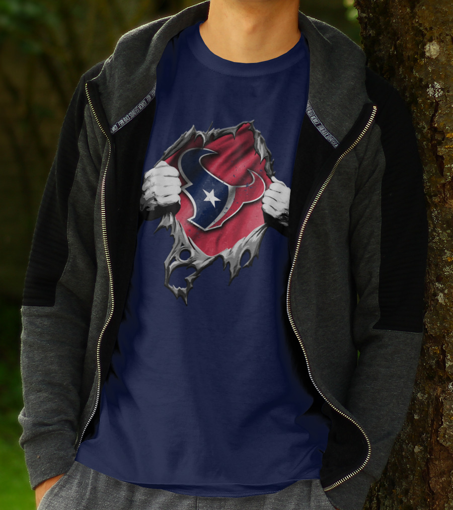 Torn Houston Texans Logo Hidden Beneath Rip Effect T-Shirt