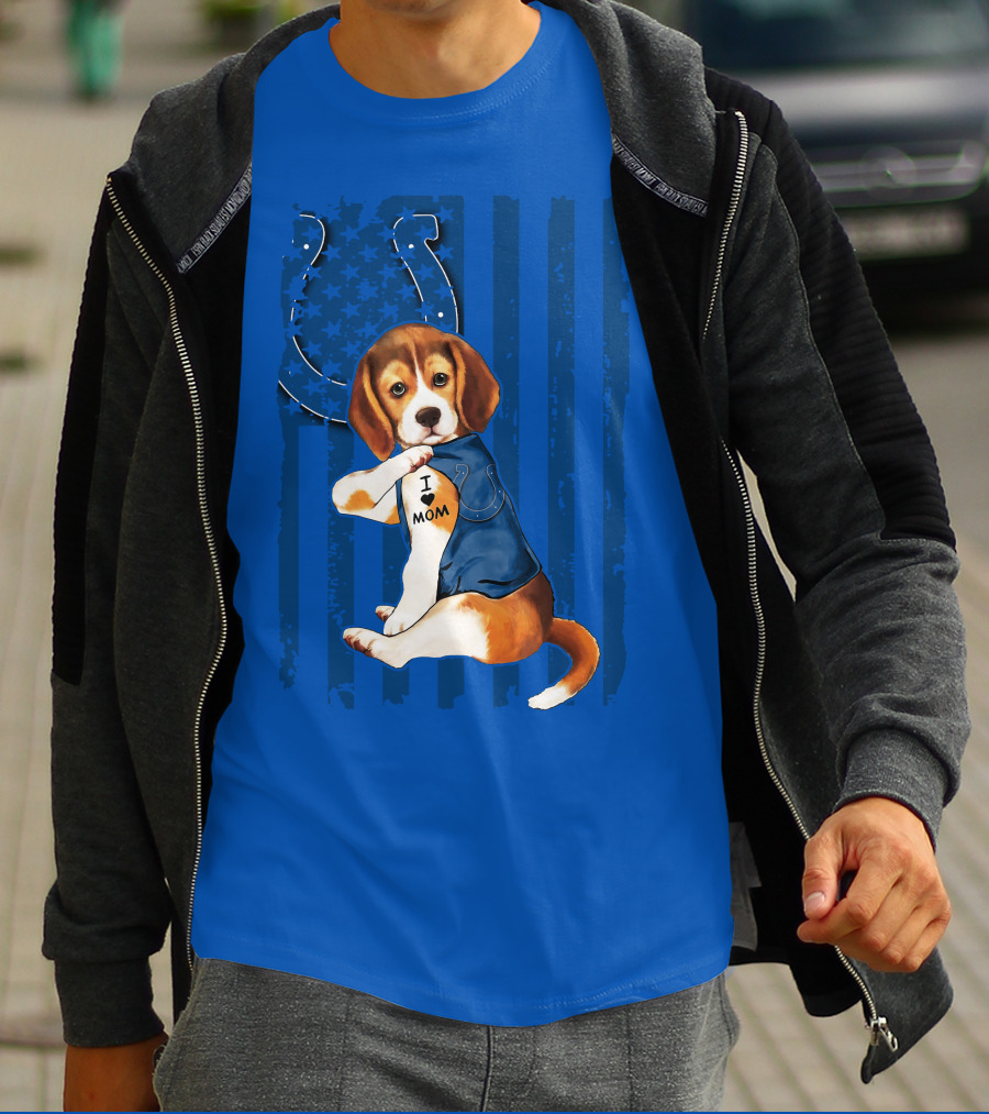 Beagle Wearing I Love Mom Indianapolis Colts Shirt With Horseshoe T-Shirt