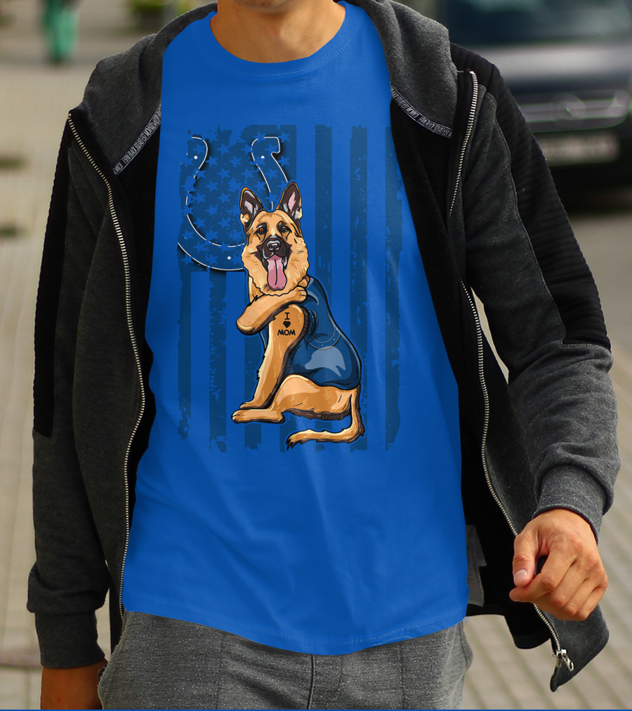 German Shepherd I Love Mom Indianapolis Colts American Flag T-Shirt