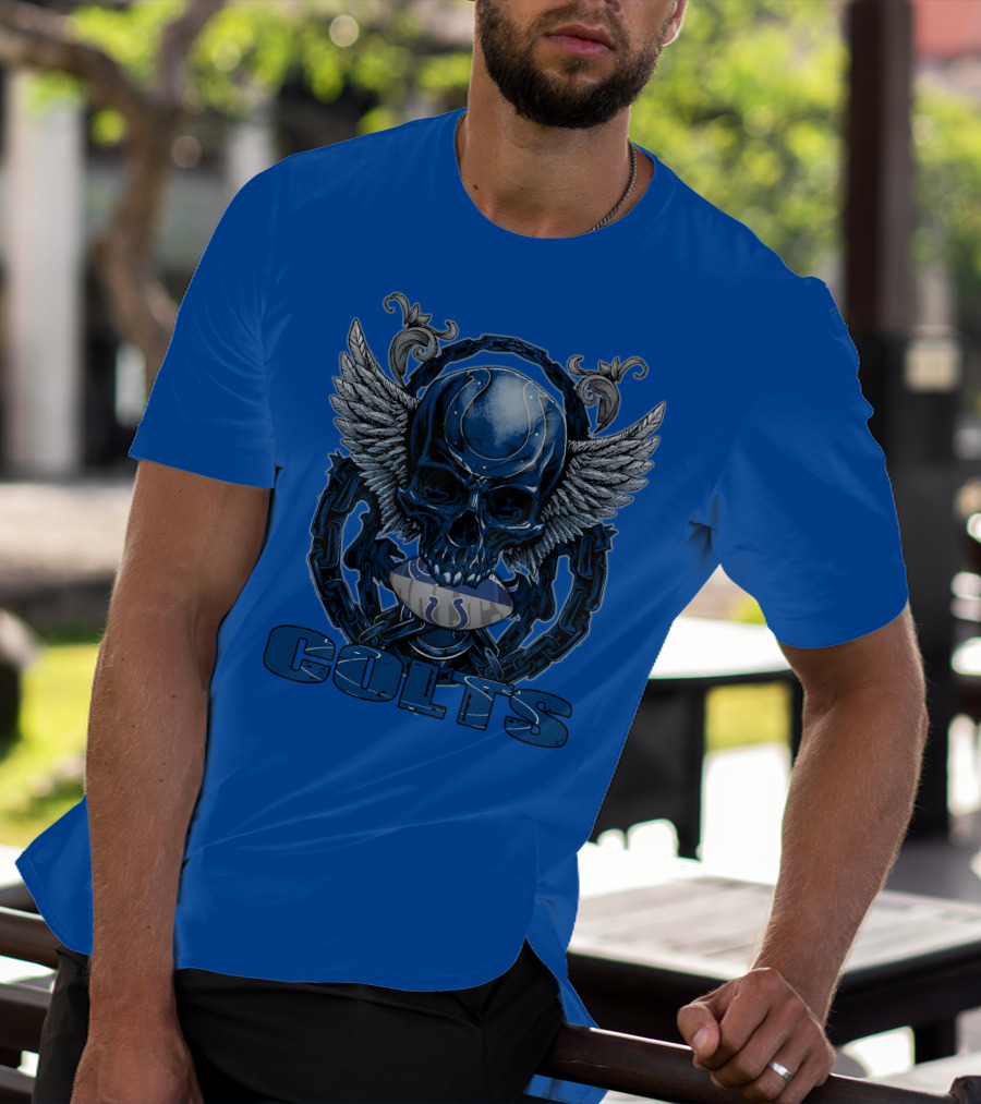 Colts Skullfb Winged Blue Skull Design For Indianapolis Colts Fans T-Shirt