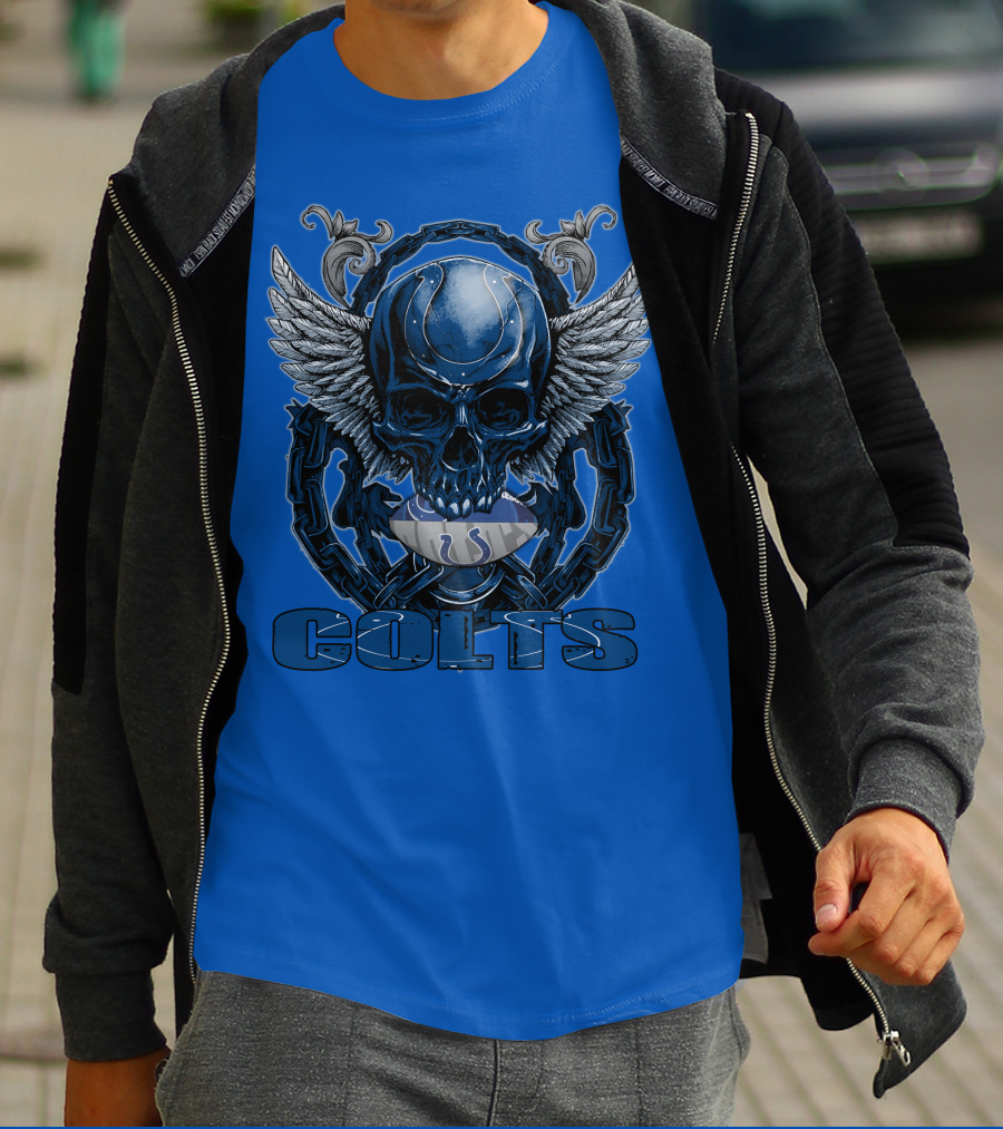 Colts Skullfb Winged Blue Skull Design For Indianapolis Colts Fans T-Shirt