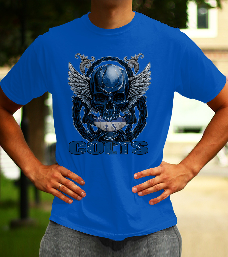 Colts Skullfb Winged Blue Skull Design For Indianapolis Colts Fans T-Shirt
