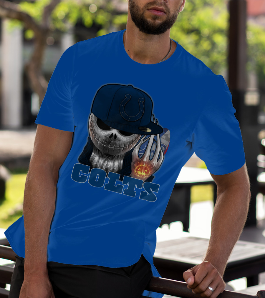 Colts Halloween Skull With Indianapolis Blue And Jack O'lantern Hand T-Shirt