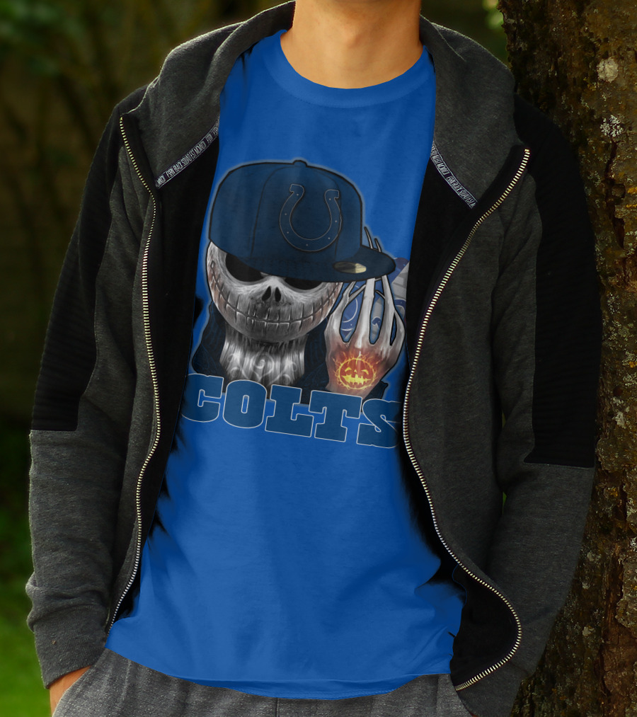 Colts Halloween Skull With Indianapolis Blue And Jack O'lantern Hand T-Shirt