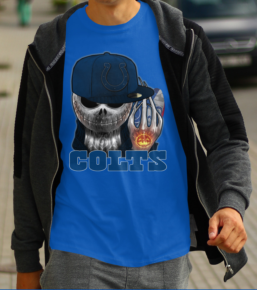 Colts Halloween Skull With Indianapolis Blue And Jack O'lantern Hand T-Shirt