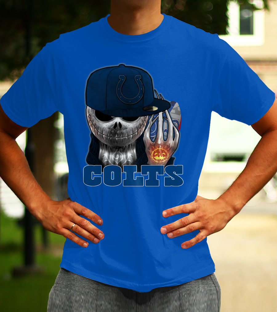 Colts Halloween Skull With Indianapolis Blue And Jack O'lantern Hand T-Shirt