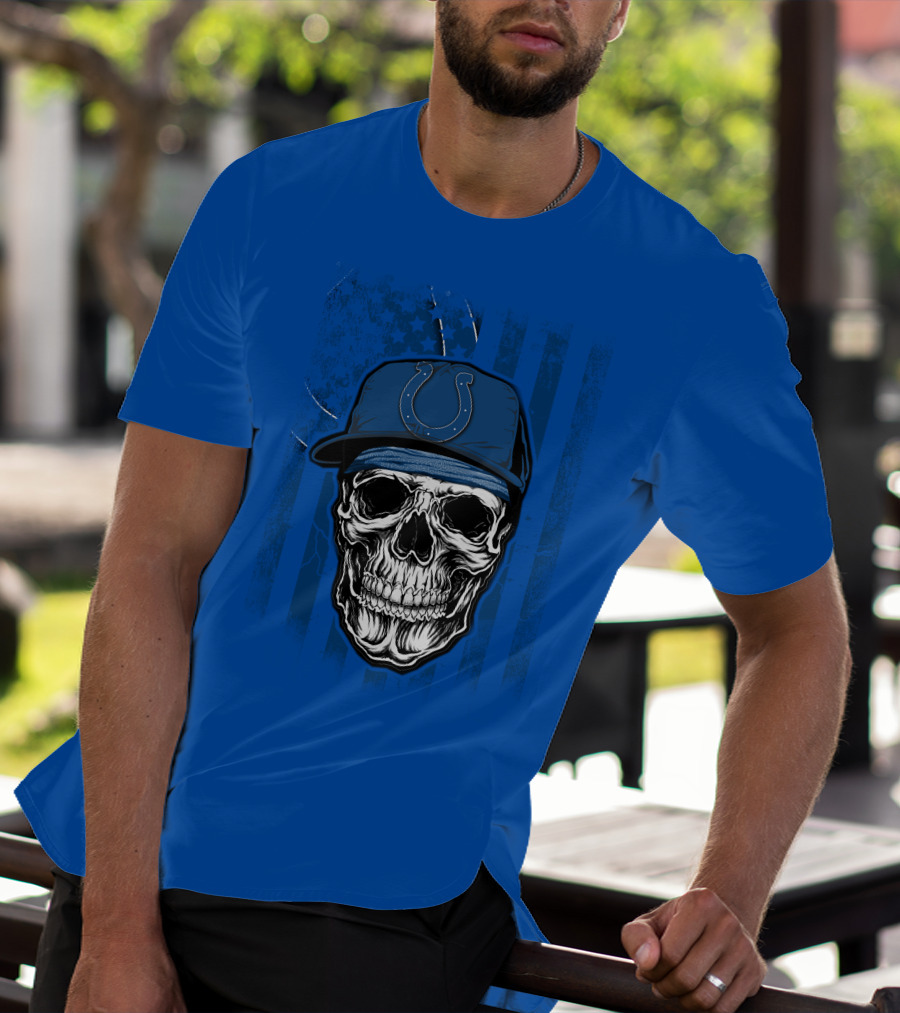 Skull Indianapolis Colts Blue Cap American Flag Background T-Shirt