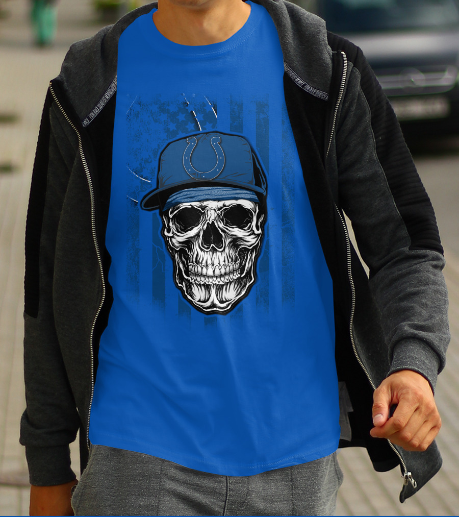 Skull Indianapolis Colts Blue Cap American Flag Background T-Shirt