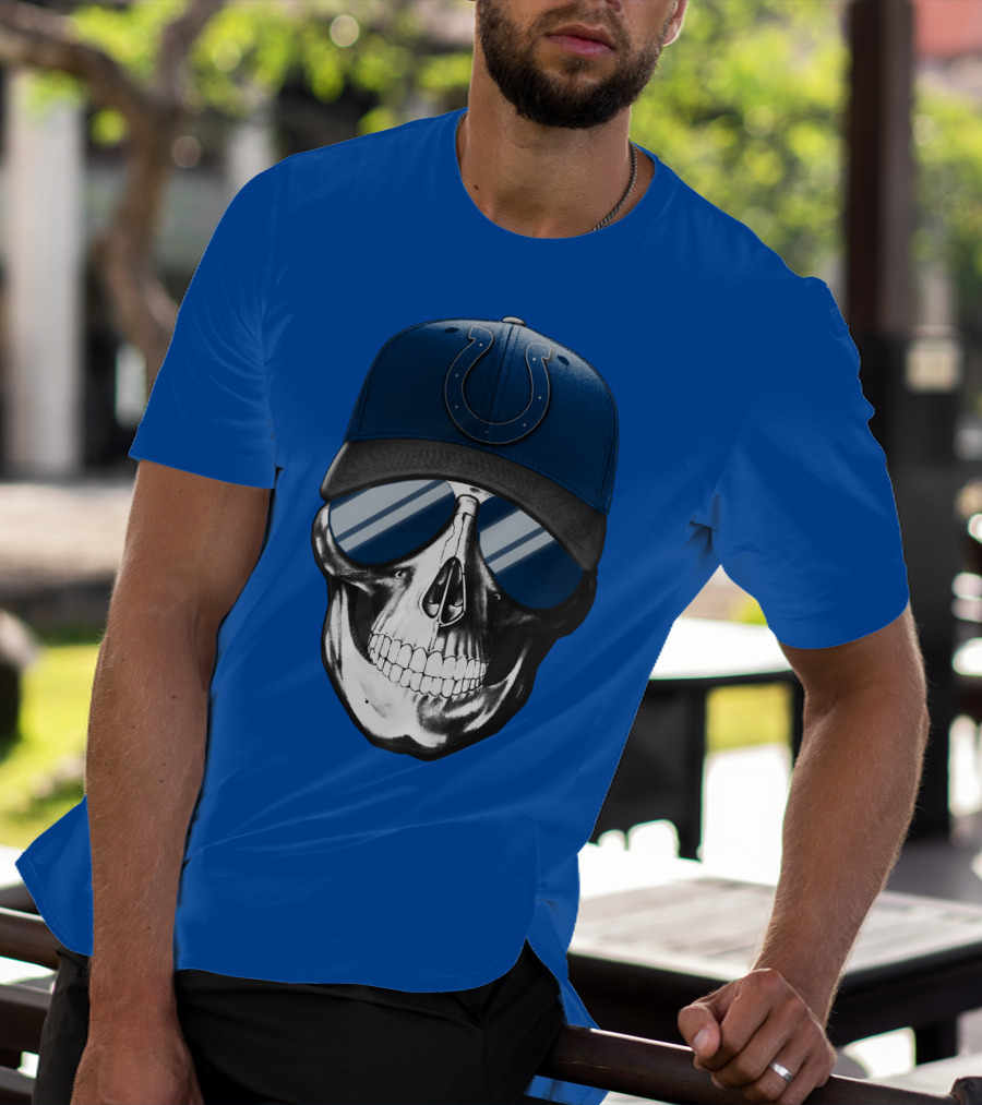 Skull Wearing Indianapolis Colts Cap With Sunglasses T-Shirt