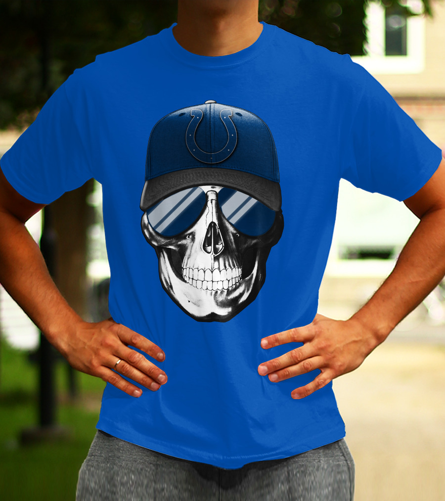 Skull Wearing Indianapolis Colts Cap With Sunglasses T-Shirt