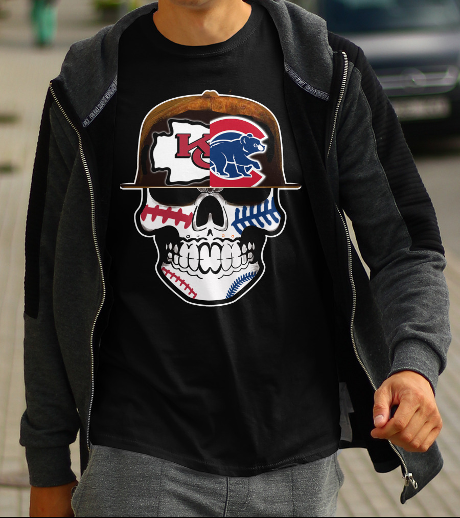 Kansas City Chiefs Chicago Cubs Skull Baseball Football Fusion T-Shirt