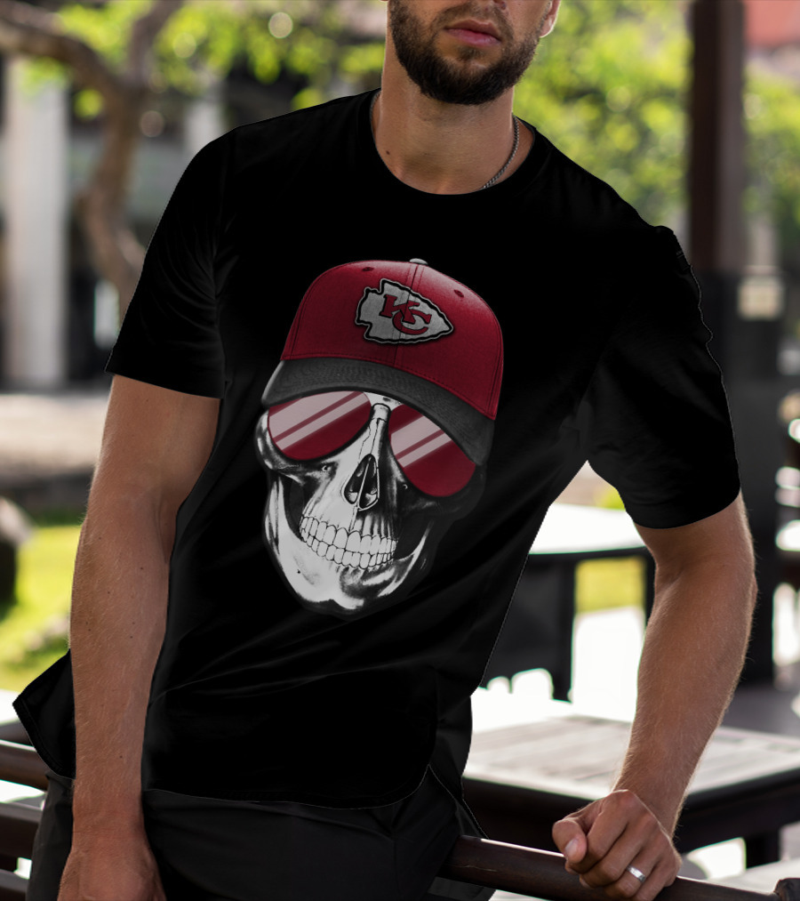Skull Wearing Kansas City Chiefs Hat With Reflective Shades T-Shirt