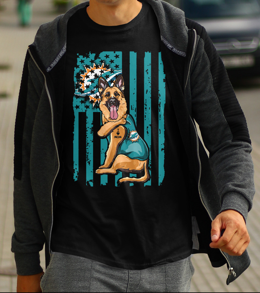 German Shepherd Miami Dolphins I Love Mom Flag T-Shirt