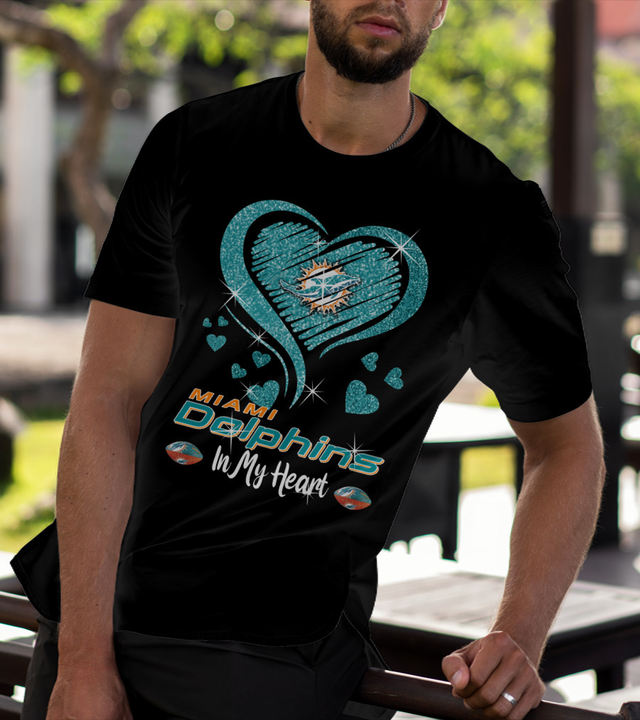 Miami Dolphins In My Heart Sparkling Teal Design With Logo And Hearts T-Shirt