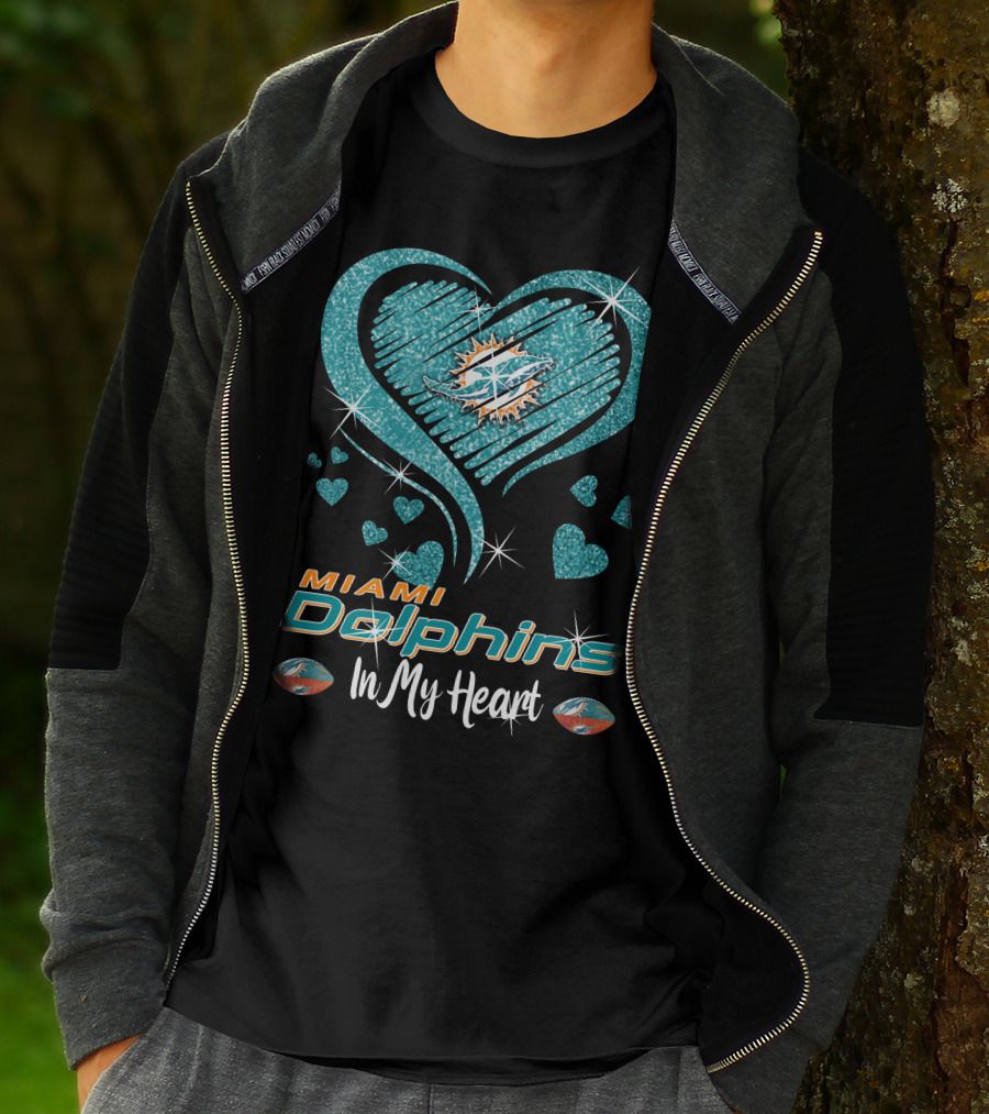 Miami Dolphins In My Heart Sparkling Teal Design With Logo And Hearts T-Shirt