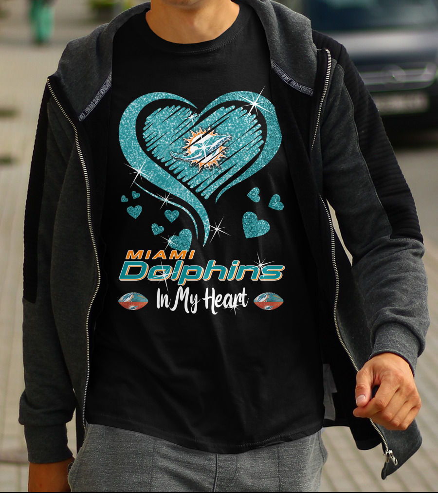 Miami Dolphins In My Heart Sparkling Teal Design With Logo And Hearts T-Shirt