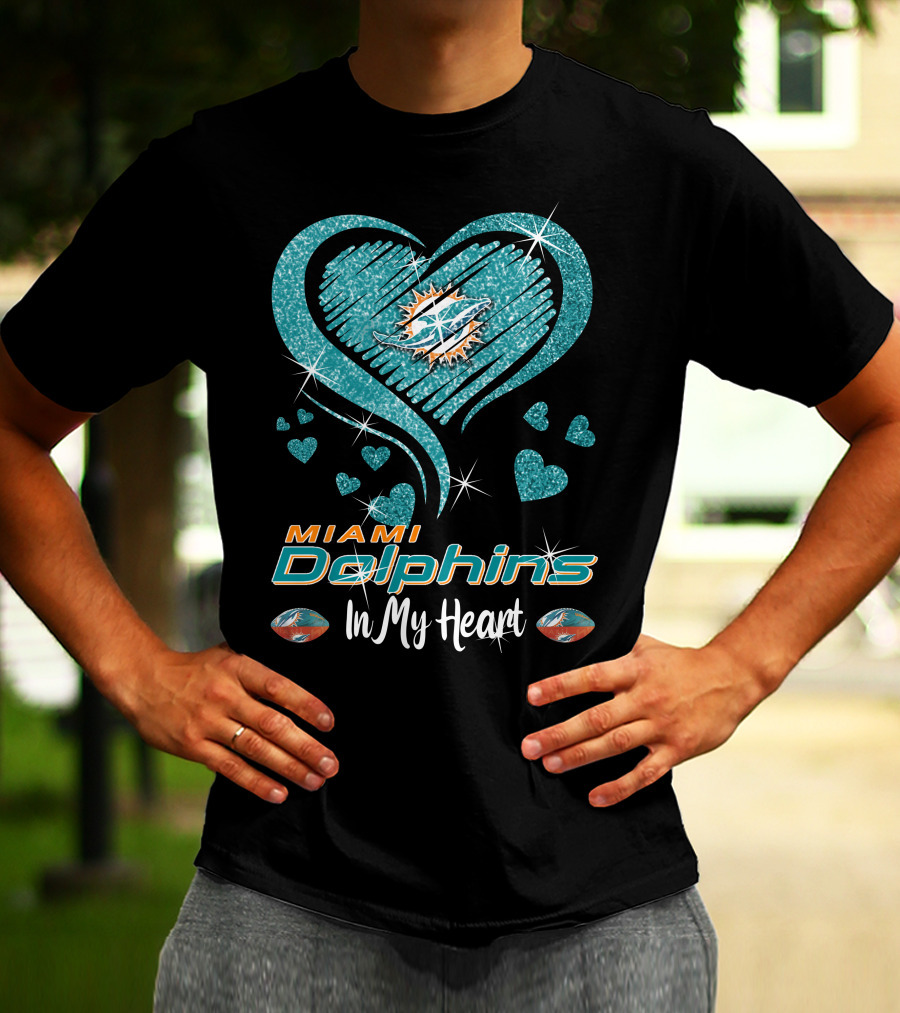 Miami Dolphins In My Heart Sparkling Teal Design With Logo And Hearts T-Shirt