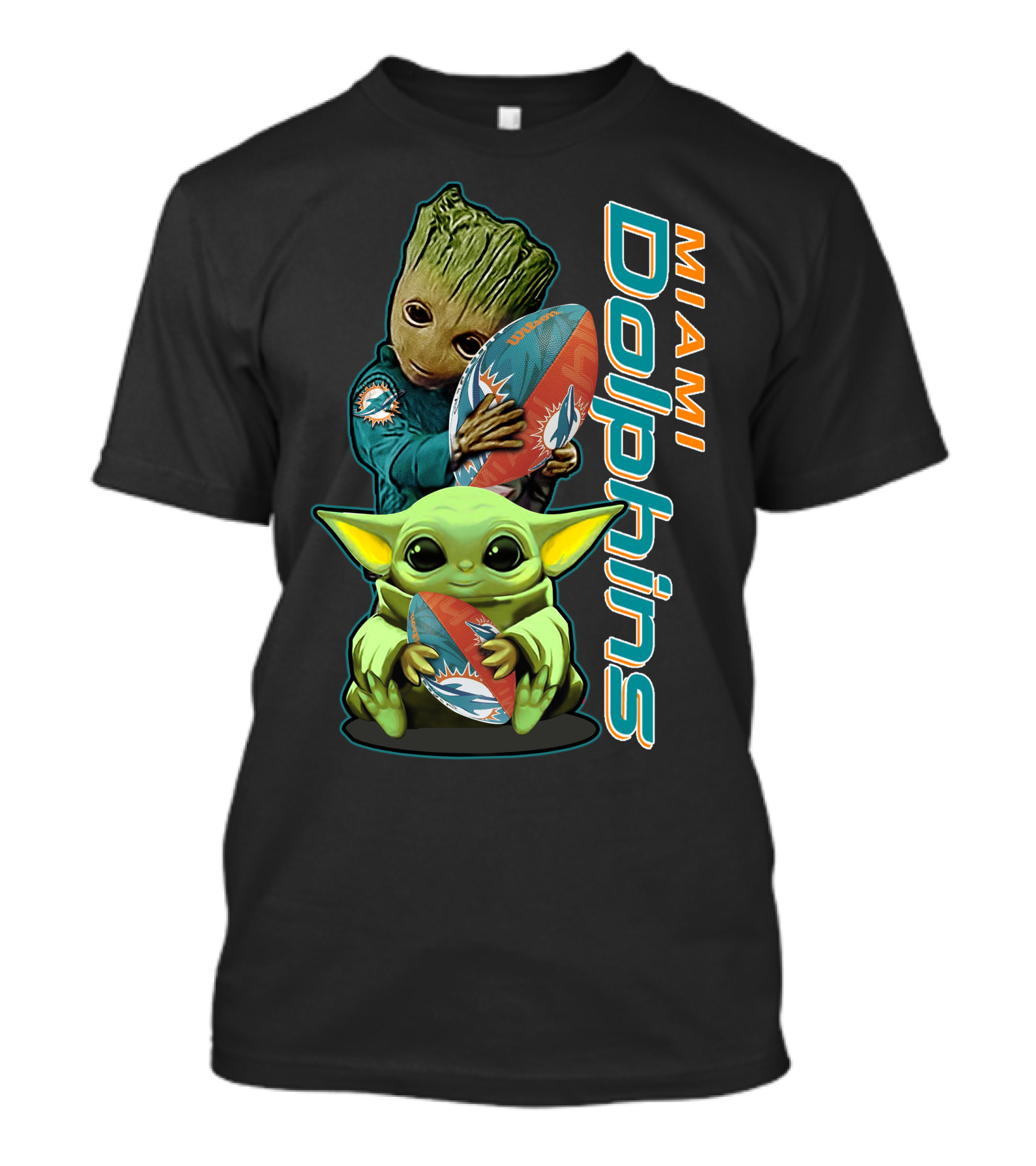 Grzd Miami Dolphins Groot And Baby Yoda Football T-Shirt