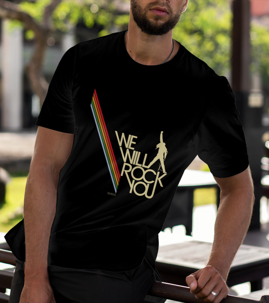 Queen We Will Rock You Silhouette Logo Rainbow Stripes T-Shirt