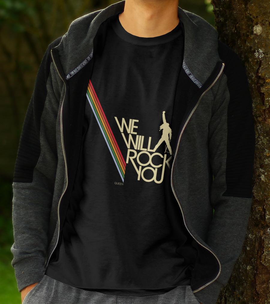 Queen We Will Rock You Silhouette Logo Rainbow Stripes T-Shirt