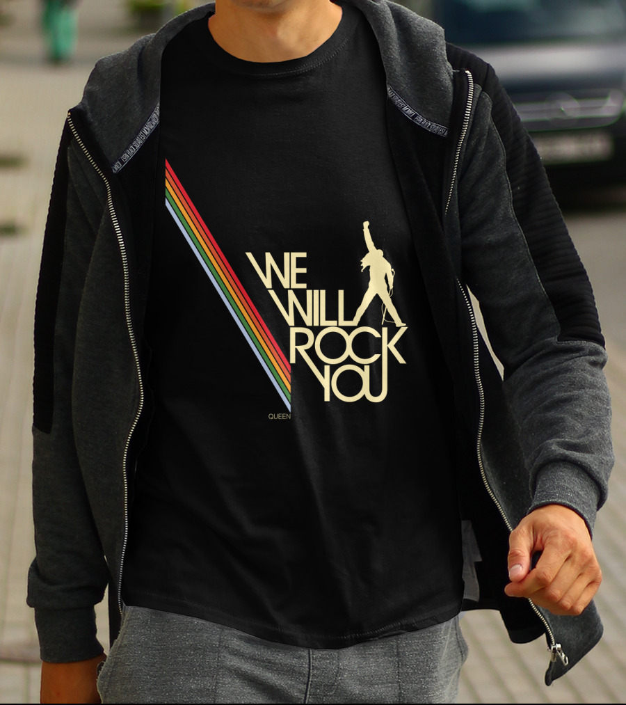 Queen We Will Rock You Silhouette Logo Rainbow Stripes T-Shirt
