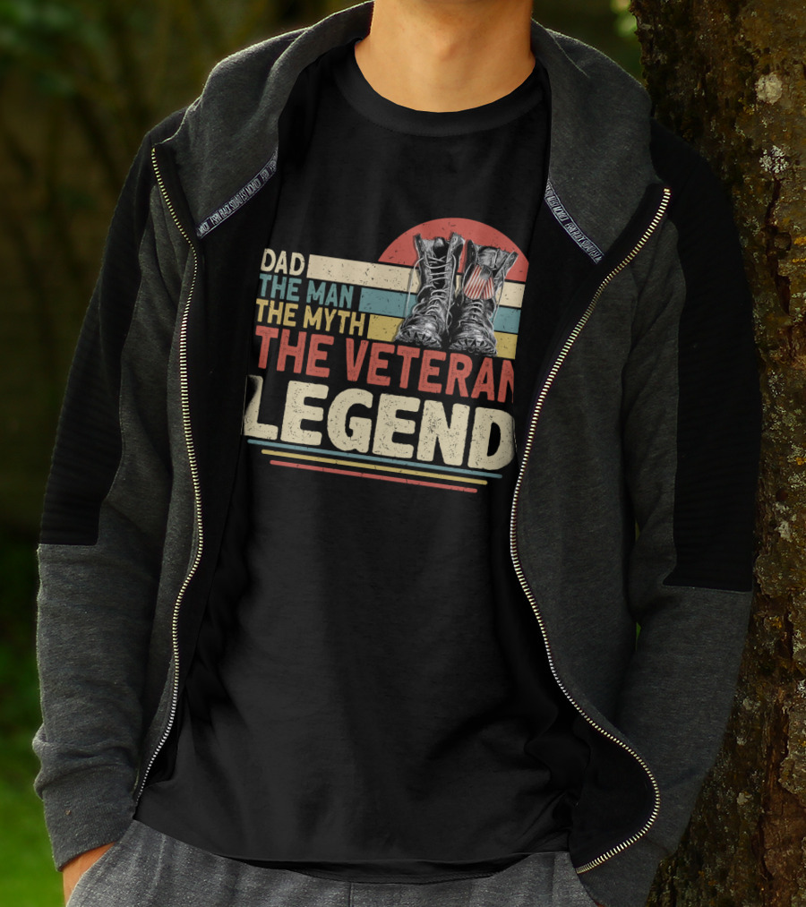 Dad The Man The Myth The Veteran Legend With Boots And Patriotic Stripes T-Shirt