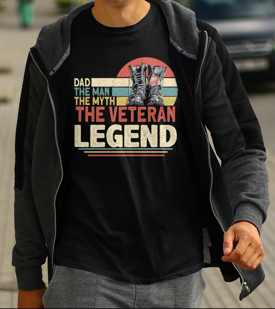 Dad The Man The Myth The Veteran Legend With Boots And Patriotic Stripes T-Shirt