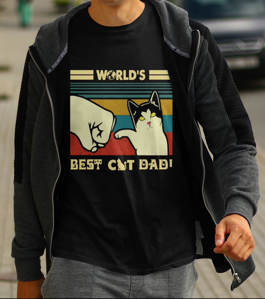World's Best Cat Dad Fist Bump Retro Stripe T-Shirt
