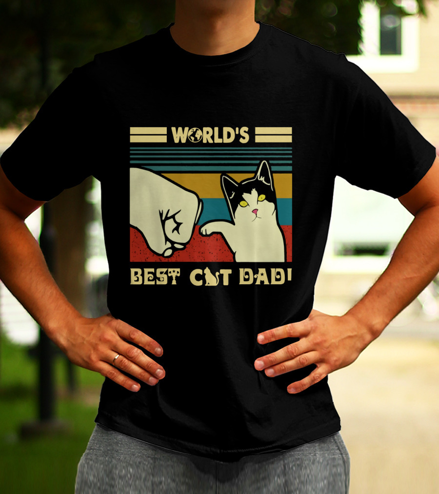 World's Best Cat Dad Fist Bump Retro Stripe T-Shirt