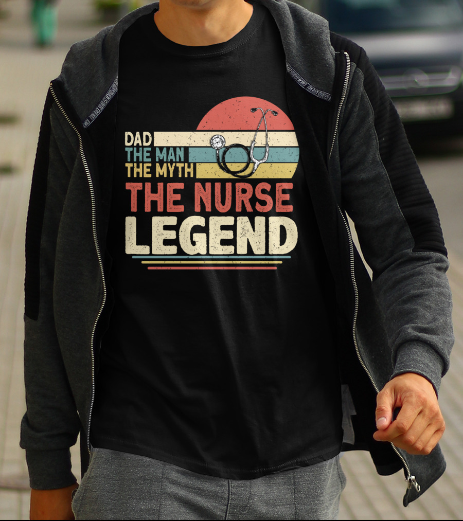 Dad The Man The Myth The Nurse Legend Vintage Stripes Stethoscope T-Shirt