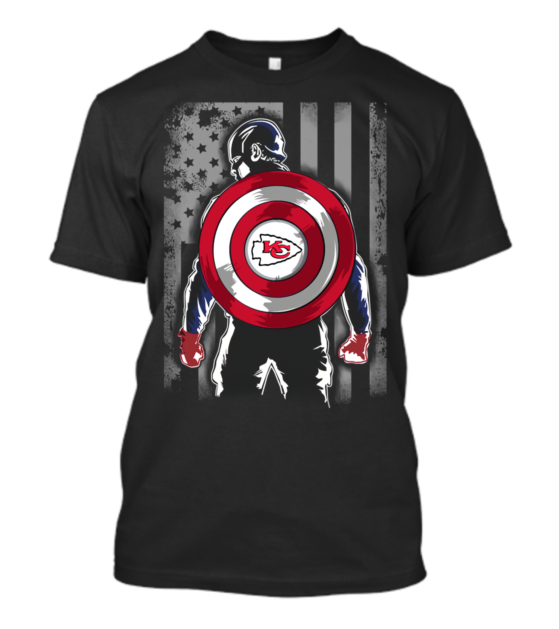 Kansas City Chiefs Captain America Shield With American Flag T-Shirt