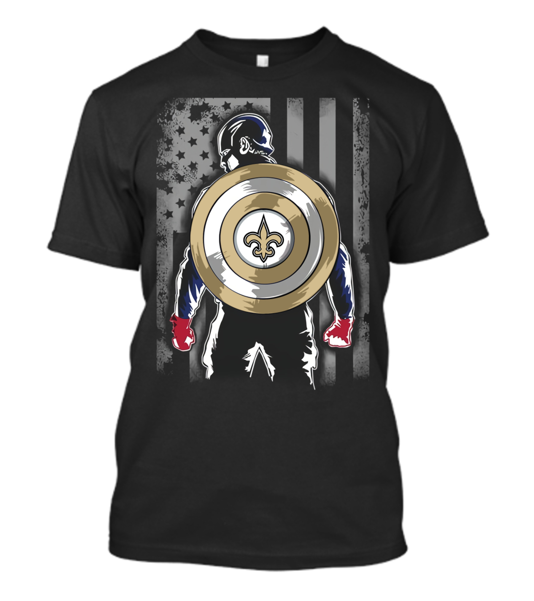 New Orleans Saints Captain America Shield Fleur-de-Lis American Flag Hero T-Shirt