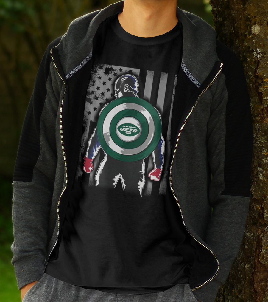 New York Jets Captain America Shield With Flag Background T-Shirt