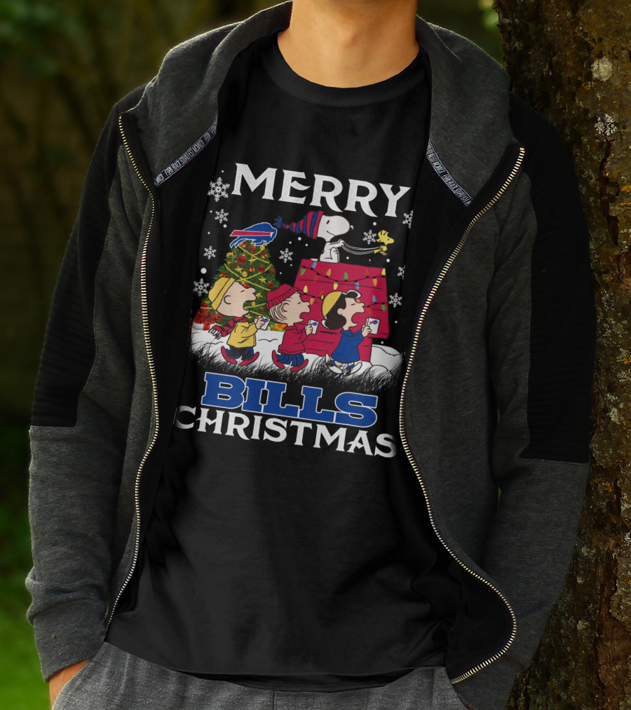 Buffalo Bills Snoopy Merry Christmas With Peanuts Characters And Festive Tree T-Shirt