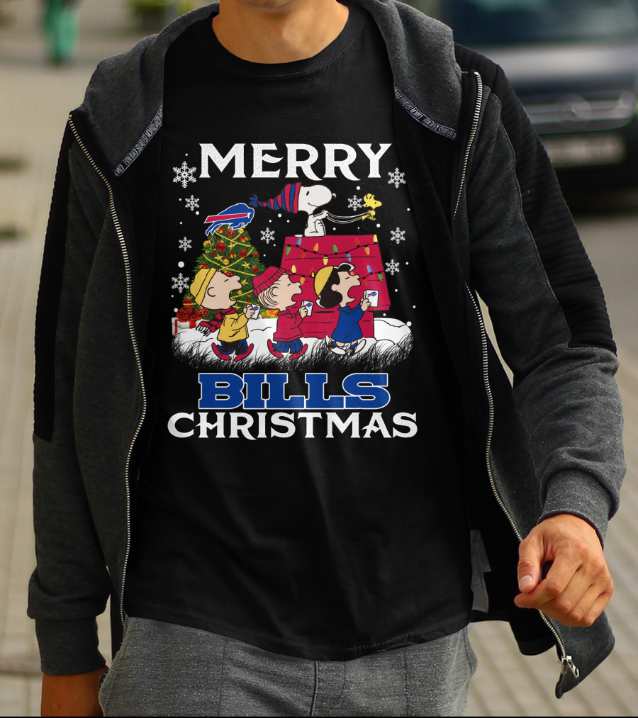 Buffalo Bills Snoopy Merry Christmas With Peanuts Characters And Festive Tree T-Shirt