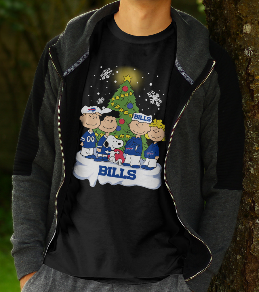 Snoopy And Peanuts Characters Celebrating With Buffalo Bills Christmas Tree T-Shirt