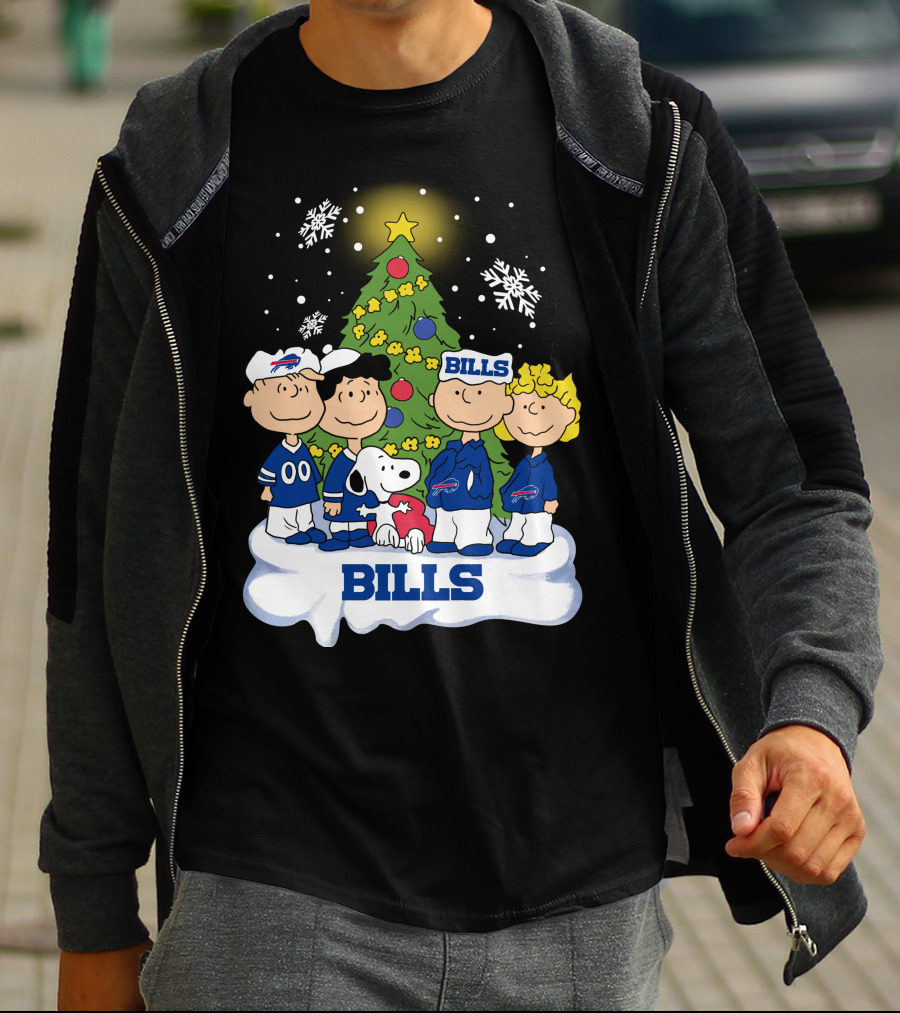 Snoopy And Peanuts Characters Celebrating With Buffalo Bills Christmas Tree T-Shirt