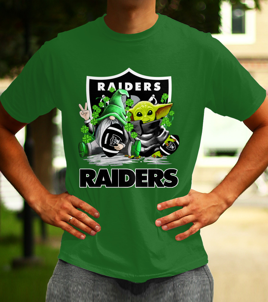 Raiders St. Patrick’s Day Football Gnome And Baby Alien With Clover Footballs T-Shirt