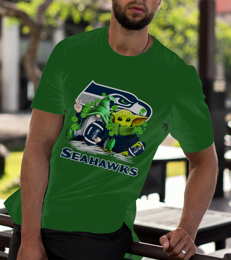 Seattle Seahawks St. Patrick's Day Gnome And Baby Yoda Football T-Shirt