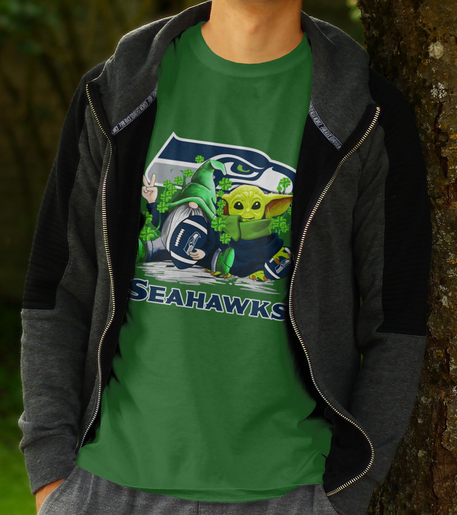 Seattle Seahawks St. Patrick's Day Gnome And Baby Yoda Football T-Shirt