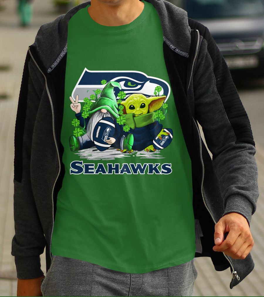 Seattle Seahawks St. Patrick's Day Gnome And Baby Yoda Football T-Shirt
