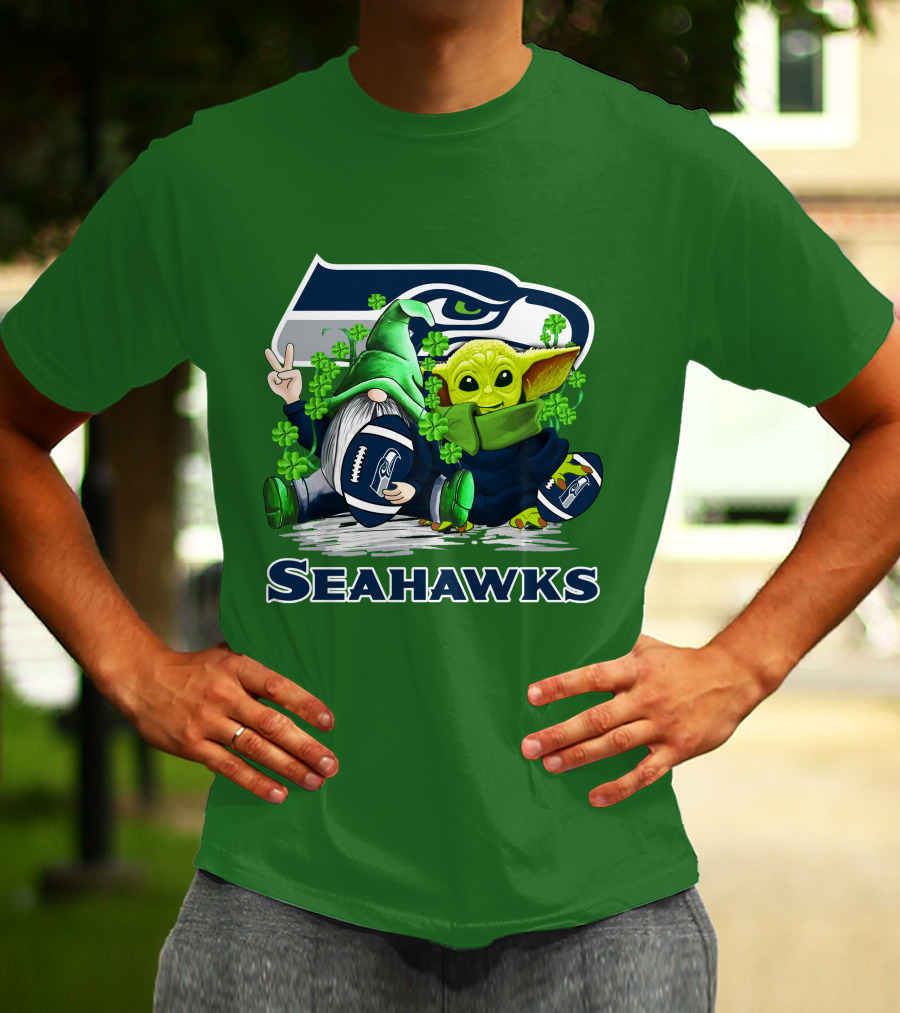 Seattle Seahawks St. Patrick's Day Gnome And Baby Yoda Football T-Shirt