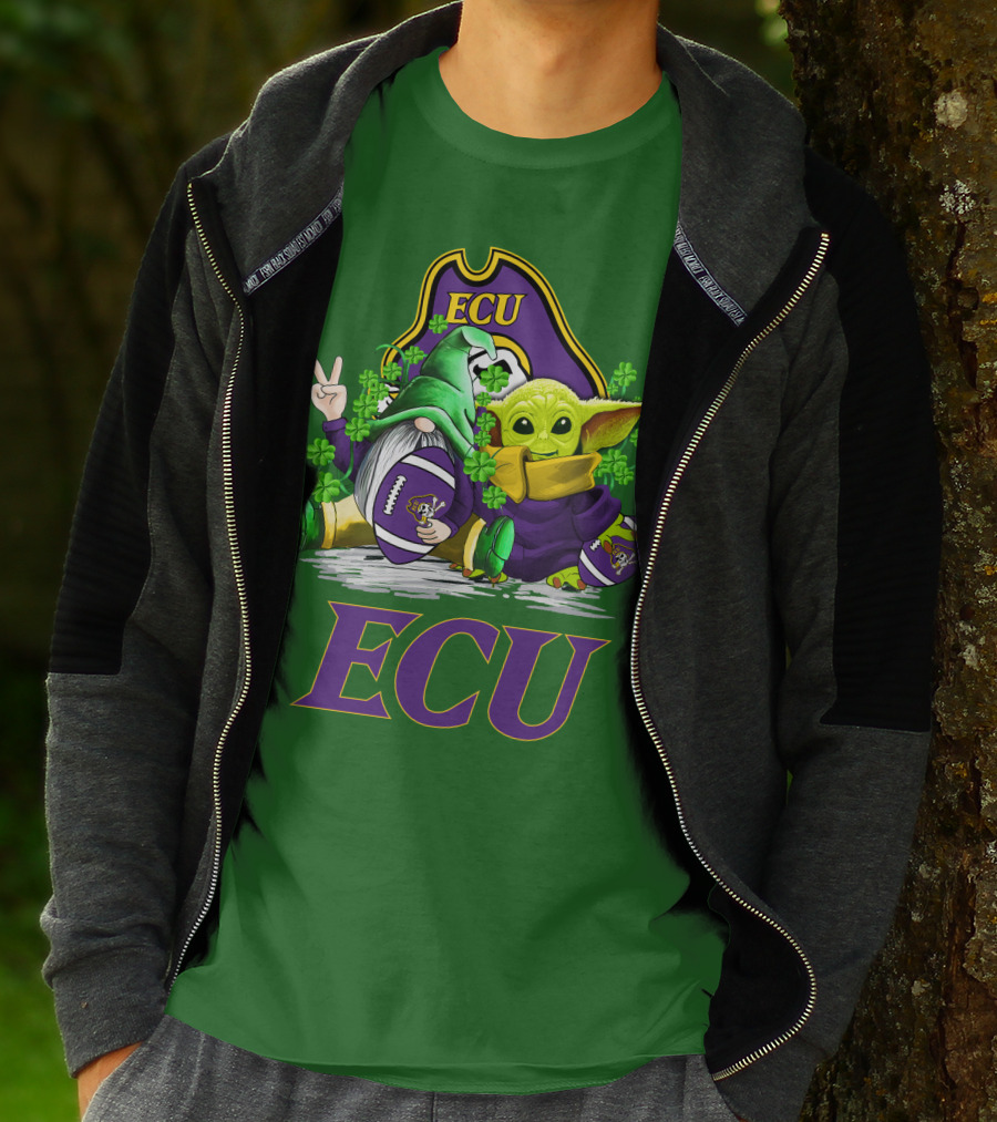 ECU East Carolina Pirates Football St. Patrick's Day Celebration With Gnome And Baby Alien T-Shirt