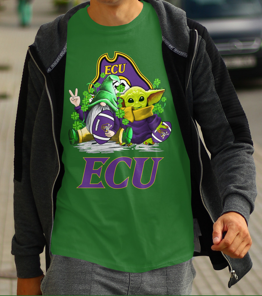 ECU East Carolina Pirates Football St. Patrick's Day Celebration With Gnome And Baby Alien T-Shirt