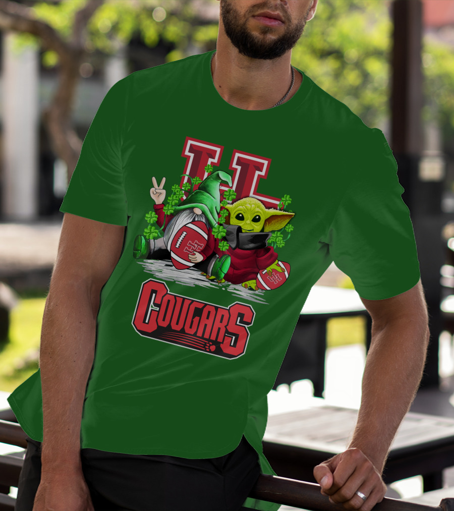 Houston Cougars St. Patrick's Day Football With Gnome And Green Character T-Shirt