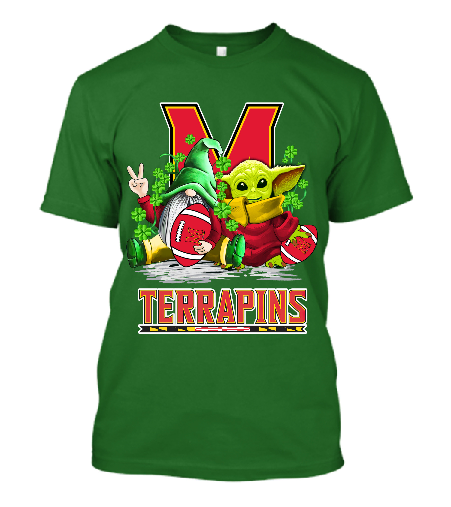 Maryland Terrapins Football St. Patrick's Day Gnome And Baby Yoda T-Shirt