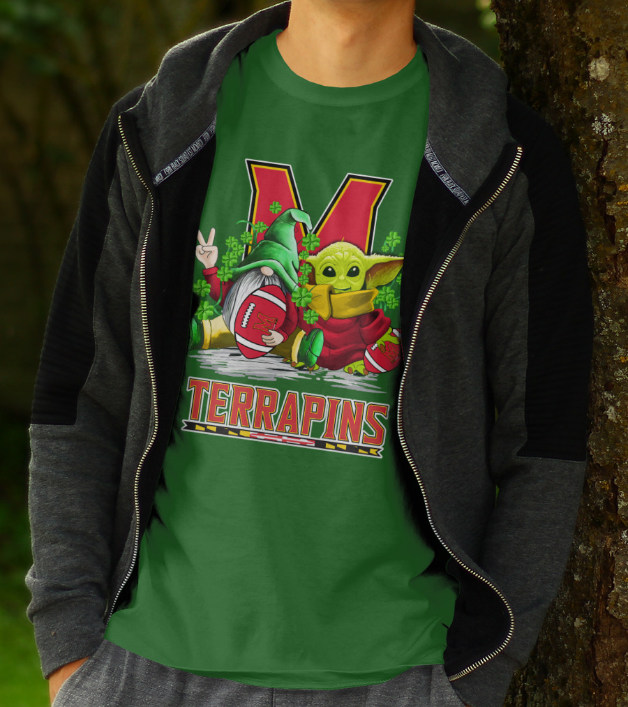 Maryland Terrapins Football St. Patrick's Day Gnome And Baby Yoda T-Shirt