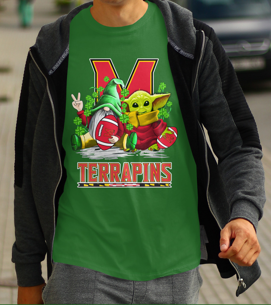 Maryland Terrapins Football St. Patrick's Day Gnome And Baby Yoda T-Shirt