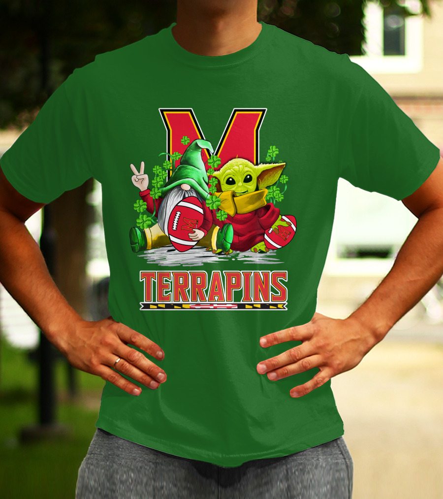Maryland Terrapins Football St. Patrick's Day Gnome And Baby Yoda T-Shirt